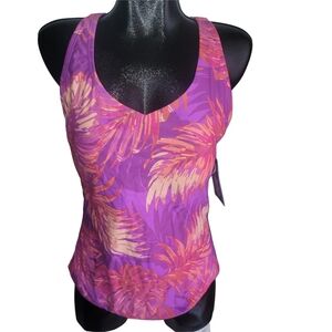 Speedo Purple and Pink Leaf Print Women's Criss Cross Back Swimsuit 18